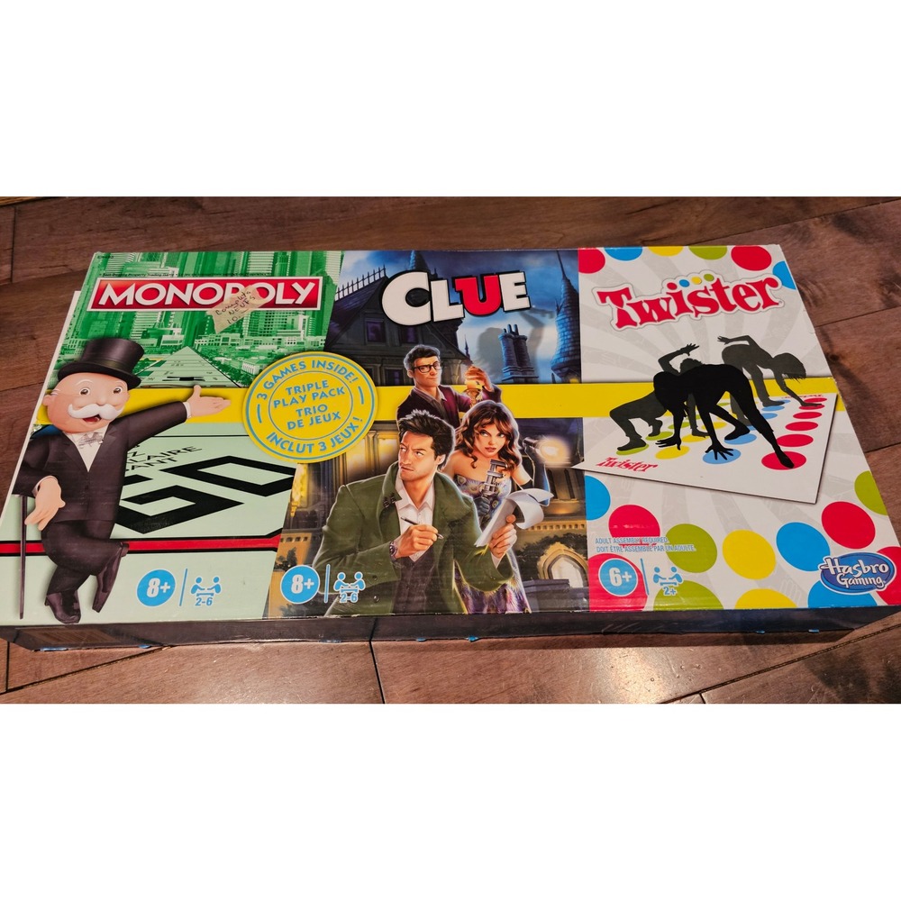 Hasbro Gaming 3 Classic Games in One Box Monopoly Clue Twister‎ Triple Play